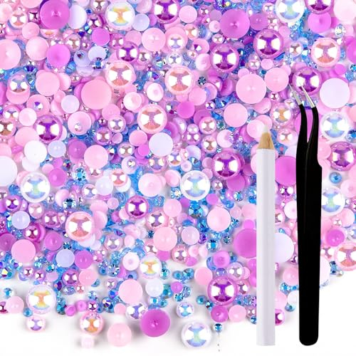 ASTARON 50 g Mix-Strasssteine mit flacher Rückseite, Halbperlen zum Basteln, gemischte Größe 3 mm–10 mm, Strasssteine mit flacher Rückseite für Becher, Tassen, Nagelkunst, Schuhe (Rosa-Lila-Serie)
