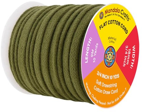Mandala Crafts Olive Green Flat Drawstring Cord Replacement, 3/4 Inch 10 YDs Olive Green Soft Drawstring Cotton Draw Cord Hoodie Sweatpants Drawcord Replacement