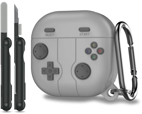 RFUNGUANGO Case for Samsung Galaxy Buds 2/Pro/Live/FE, Gaming Console Themed Soft Silicone Full-Body Protective Case With Cleaner Kit, Light Grey