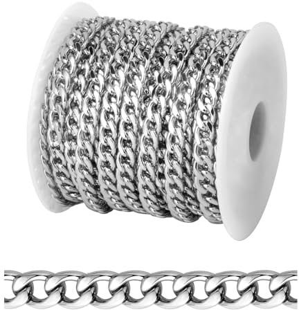 [16.5 FT] Silver Curb Chains for Jewelry Making, 5mm Wide 304 Stainless Steel Cuban Link Chain Roll Bulk for DIY Jewelry Making Craft
