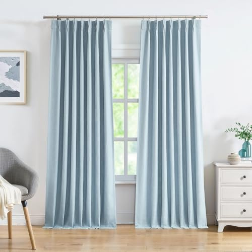 Verdunkelungsvorhang mit Vollverdunkelungsfutter in Leinenstruktur, wärmeisolierend, Fensterbehandlung mit Rücklasche für Wohnzimmer, Schlafzimmer, Vorhang mit 9 Haken, 102 x 241 x 5 cm, Staubblau