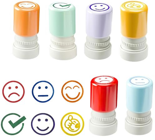 KBIBCK Stempel Lehrer Selbstfärbender, 6 PCS Lob Ermutigung Kinder Stempel, Motivationsstempel Lehrerstempel, Bunte Cartoon Stempel mit Box, Schulstempelkissen für Lehrer