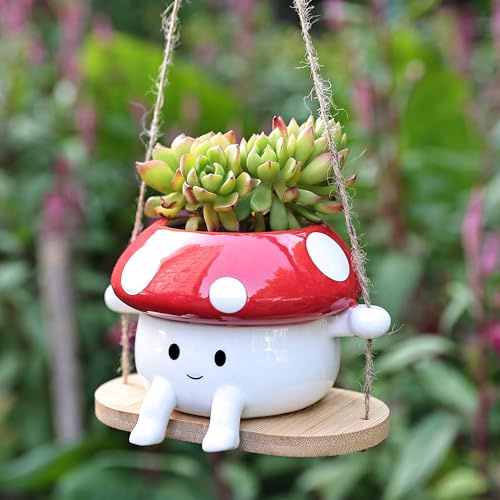Fungi Fun Hanging Planter - Mushroom Swing Face Ceramic for Hanging Plant | Durable Ceramic, Whimsical Design, Indoor & Outdoor Use, Strong Rope, Compact Size, Ideal for Succulents