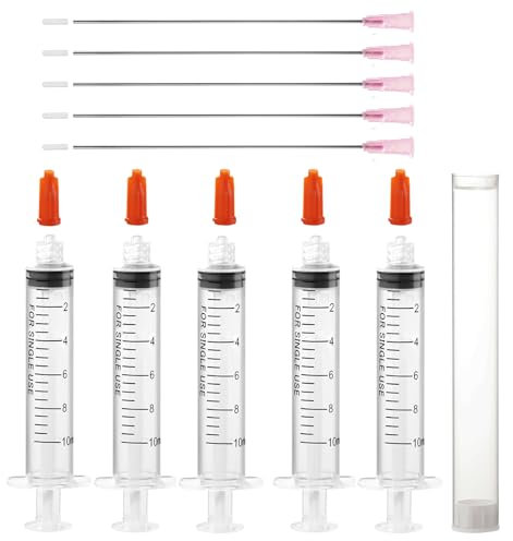 5PCS 10ml Syringe Set with Blunt Needles and Caps,Plastic Luer Lock Syringes with 18Ga 117mm(4.6'') Long Dispensing Blunt Needle for DIY,Glue,Industrial,Ink,Lab,Oil,Liquid,Pet Feeding