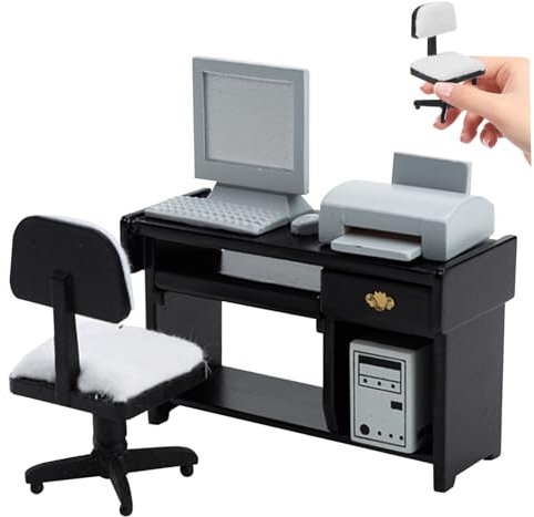 Veesper Doll House Möbel Miniaturschreibtisch, 1/12 Holzpuppen Hausmöbel Simulation Dollhouse Büro Miniatur -Schreibtisch Stuhl mit Miniaturcomputer und Drucker für Puppenhauszubehör