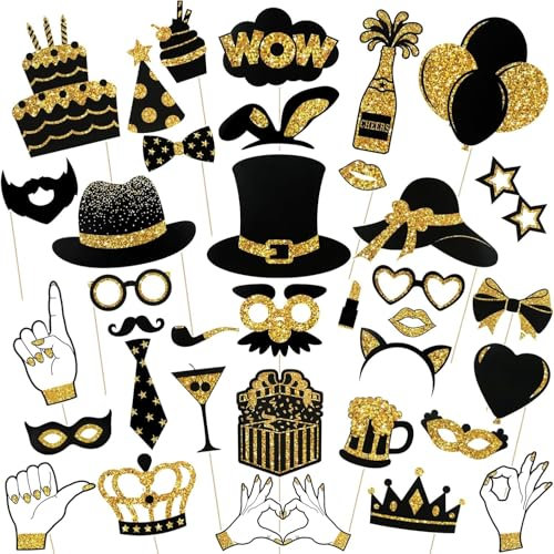 36 Stück Fotobox Accessoires Geburtstag – Lustige Foto Requisiten für Geburtstagsparty, Selfie Props mit Schnurrbart, Brille, Lippen, Hüte und mehr – Fotorequisiten Set für Fotobox und Partyspaß