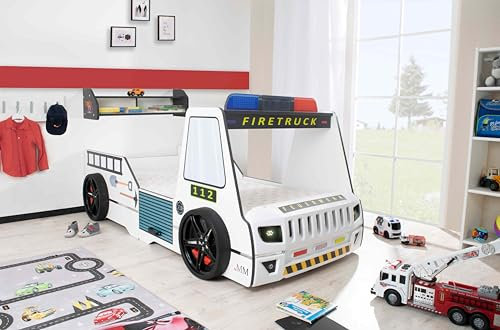 Aileenstore Feuerwehrbett Kinder 90x200 Spielbett Kinderbett Rio Firetruck Autobett Hochglanz mit LED Leuchte (Weiß, mit Matratze und Wandregal)