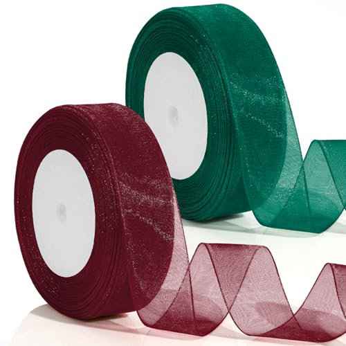 2 Stück Geschenkband Weihnachten 25mm 46m Rot Grün Verpackungsbänder Schleifenband Geschenkverpackung Weihnachtsband Dekoband