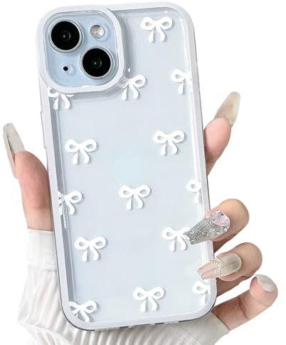 NITITOP Compatible with iPhone 15 Case Cute Clear White Durable Ribbon Bowknot Pattern for Girls Women Soft TPU Transparent Full Camera Lens Shockproof Protective Phone Cover - White