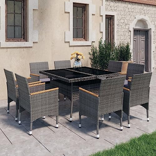 Sufrk 9-TLG. Garten-Essgruppe Poly Rattan und Akazienholz Grau Sofa-Set FüR DraußEn Rattan GartenmöBel Set