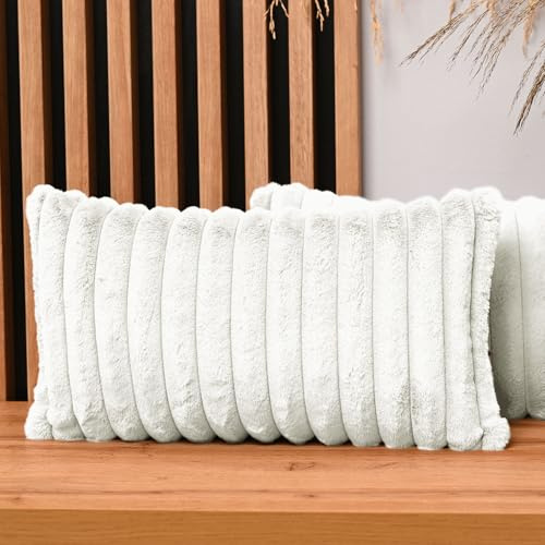 MG Design 2er Set Kissenbezüge 30 x 50 cm in Weiß – mit Reißverschluss, langflorige Fell-Haptik, weich & Cosy, pflegeleicht