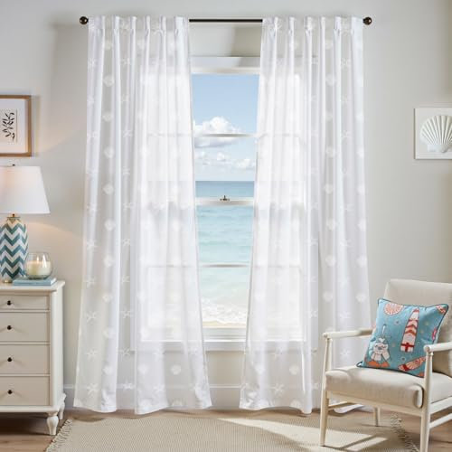 TOPICK White Semi Sheer Voile Curtains 72 Drop Pair For Summer Living Room, Seashell & Starfish Light Voile Curtains For Privacy Girls Room Kids,Rod Pocket (2 Panels)