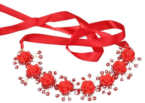 HAPINARY Blumenkranz Für Hochzeiten Handgefertigter Haarschmuck Mit Kunstblumen Und Kristallverzierungen Für Bräute Festlichkeiten Und Fotoshootings Rot