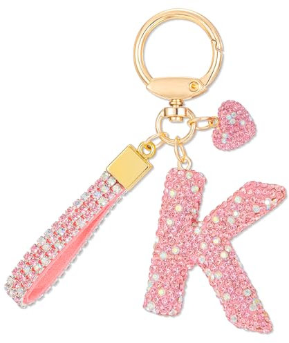 MWOOT Rose Voiture Porte clés Cadeau pour Femmes Filles Initial Lettre Porte-clés Mignon Bling Lettre Pendentif pour Sac à main Charms, Lettre K