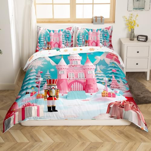 Loussiesd Kids Pink Castle Christmas Nutcracker Duvet Cover,Xmas Tree Nutcracker Bedding Set Super King Size,Boys Girls Room Decor,Princess Girly Comforter Cover,Christmas Bedspread Cover