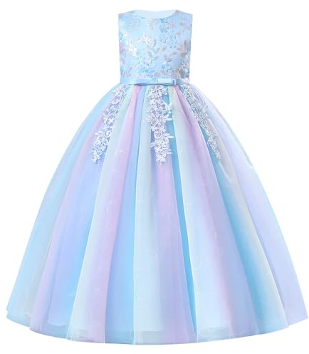 EFOGEP Partykleid Mädchen, Prinzessinnen-Tüllkleid mit Pailletten | Festliches Mädchenkleid mit floraler Spitzenstickerei und mehrlagigem Tüll – für Hochzeit, Geburtstag und Festzug