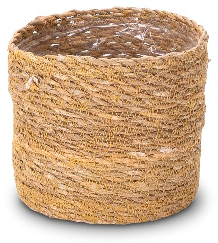 Decorasian Seegras Übertopf – Blumentopf geflochten – dekorativer Planzenkorb mit Folieneinsatz im Boho Stil – Natur - 16cm