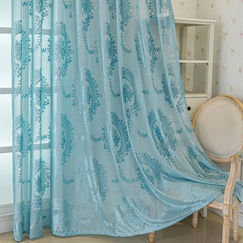 Ricemru Blau Vorhänge Wohnzimmer 245cm 3D Barock Muster,Gardinen Halbtransparent Ösen Rose Blumen,Romantisch Boho Lichtdurchlässig Ösenschal Ösenvorhang 2er Set 140x245cm
