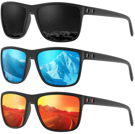 Fanshen Square Polarized Sunglasses for Men, 3 Pack Lightweight UV Protection Sun Glasses for Driving Fishing Golf (Black/Ice Blue/Red)