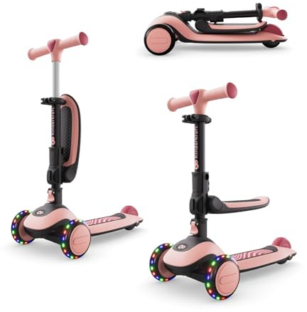 Kinderkraft HALLEY 2 2-in-1 Balance Scooter with Seat, Pink | Adjustable Seat 25-33 cm, 4-Height Handlebar, Lean-to-Steer, LED Wheels, Foldable Ride-On Scooter for Toddlers, Non-Slip Deck