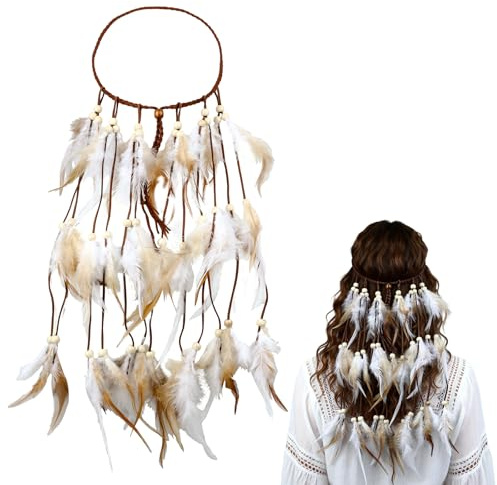 Kitimi Boho Feder Kopfschmuck für Damen, Tribal Haarschmuck mit Federn & Holzperlen - Vielseitiges Festival & Mottoparty Stirnband, Wikinger & Tribal Style Schmuck