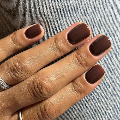Short Square Brown Press on Nails - Acrylic False Nails Short Coffin Elegant Solid Color - Coffee Fake Nails Set with Glue - Full Cover Glossy Gel Stick on Nail for Women Manicure Decoration