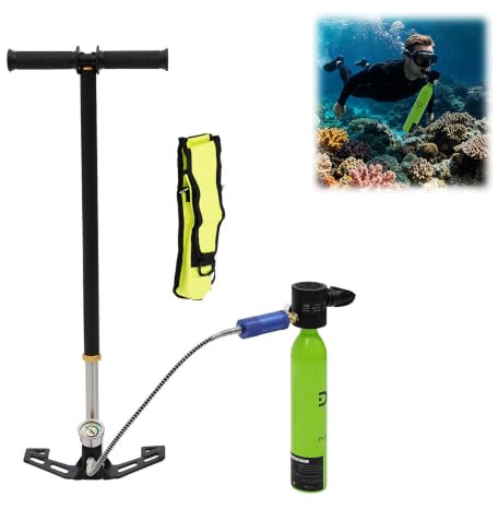 HUOMMGS Mini botella de buceo con bomba, 0,5 l, botella de buceo con capacidad de 5-10 minutos, tanque de oxígeno con correa, correa de seguridad, dispositivo de filtro, botella de buceo recargable