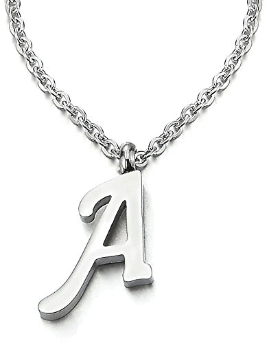 COOLSTEELANDBEYOND Name Initiale Alphabet Buchstaben A bis Z Anhänger Edelstah Halskette für Damen Herren mit 50cm Stahl Seil-Kette - A