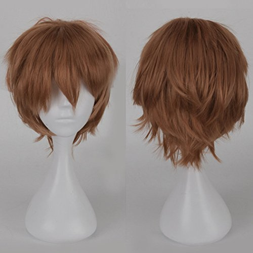 Unisex Short Cosplay Full Wigs Natural Layer Straight Hair Anime Costume Party Wig Fancy Dress for Women Men (Light Brown)