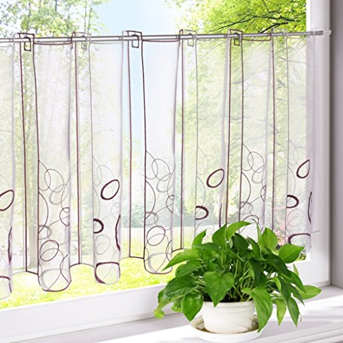 HongYa Scheibengardine transparenter Voile bestickte Bistrogardine Kaffee Vorhang H/B 60/128 cm Violett