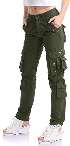 OCHENTA Femme Pantalon De Travail Combat Cargo Plusieurs Poches Vert Armé W29