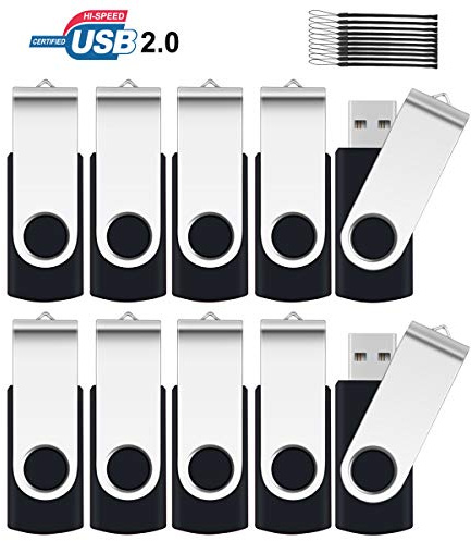 16GB Memory Stick 10 Pack,SRVR Flash Drive USB 2.0 Swivel Thumb Drives Data Storage Jump Drive Zip Drive Memory Sticks External Devices with Led Indicator(10 Black Color With Lanyard)