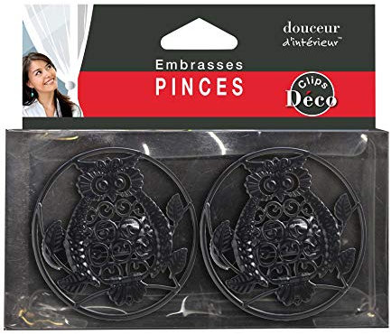 Douceur d'Intérieur, 2 Embrasses à Pince (Diamètre 8 Cm) Gufo Noir, Métal Peint