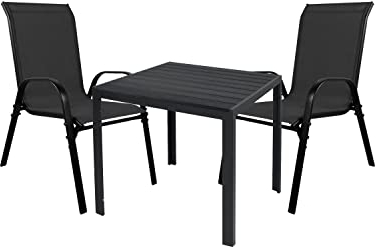 Mojawo Hochwertige Gartengarnitur 3-teilig Gartentisch 90x90cm Aluminium Anthrazit/Holzimitat Schwarz + 2 Stapelstühle Metall/Textilen Schwarz/Schwarz