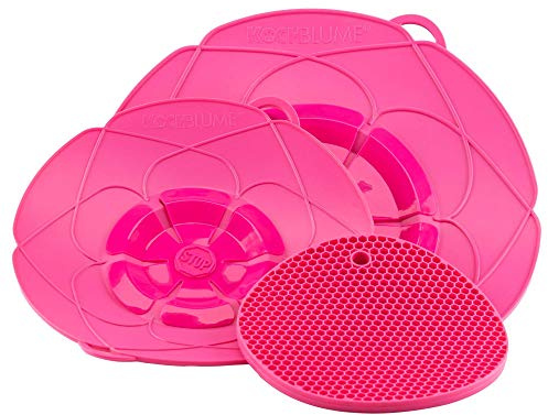 Kochblume Profi-Set für Töpfe von 14 bis 28 cm mit Bionic Multipad als Set in der bunten Box | Silikon Überkochschutz und Untersetzer/Topflappen (pink)