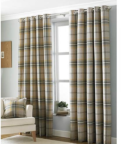 Riva Paoletti Aviemore Ringtop Eyelet Curtains (Pair) - Ochre Yellow - Heritage Tartan Check - Faux Wool Effect - 100% Polyester - 46 x 54 (117cm x 137cm)