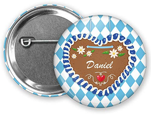 MeLifestyle Button 59mm Oktoberfest Volksfest Wies'n Lebkuchenhez Herz mit WUNSCHNAME für Dirndl oder Lederhose