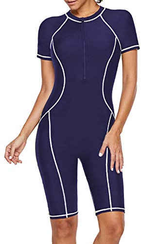 Jywmsc Women Zip Front Color Block Rashguard Short Sleeve One Piece Surfing Swimsuits Boyshort Blue White