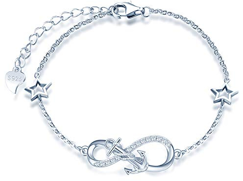 MicLee Damen Einfach Armband Zirkonia 925 Sterling Silber Allergenfrei Anker Unendlichkeit Zeichen Zwei Sternen Armreif Armkette mit Geschenkbeutel Super Geschenk für Mutter Freundin