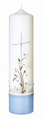 Taufkerzen Jungen hellblaues Kreuz 25 x 6 cm mit Namensverzierung und Geschenkkarton