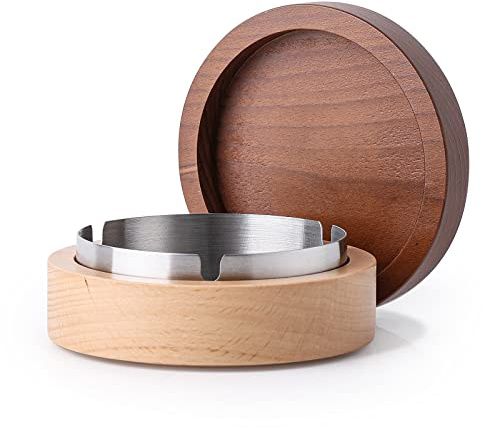 VViN Outdoor Ashtray with Lid, Smell Proof Windproof Cigarette Ash Tray | Wooden ashtray with lid and removable stainless steel liner for covered patio, garden, home, office, bar and restaurant use