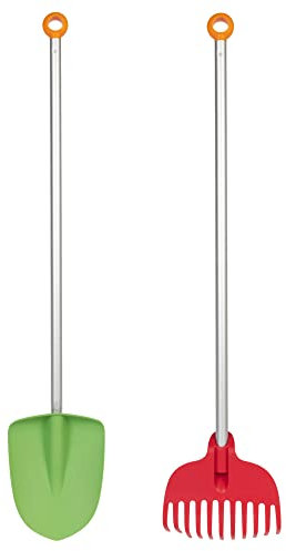 Fiskars Kids' Essential Landschaftsbau-Set – Laubbesen und Gartenschaufel – Kinder-Gartenset – 2-teilig, rot/grün