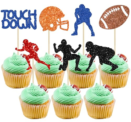 Gyufise 28Pcs Football Cupcake Toppers Rugby Cake Decorations for Soccer Player Theme Treats Food Decorations Rugby Ball Party Supplies