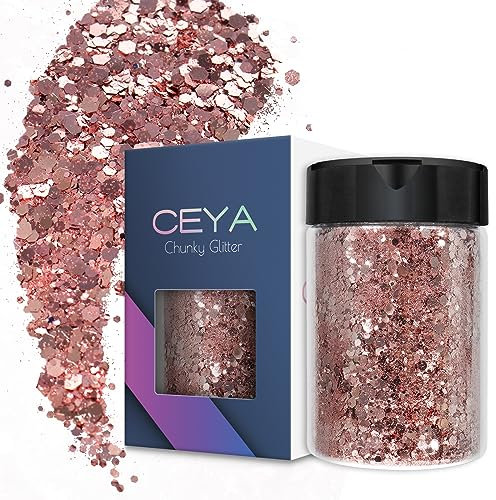 Ceya Chunky Glitter, 4.9oz/ 140g Pink Gold Craft Glitter Powder Mixed Fine Flakes Iridescent Nail Sequins for Nail Art, Hair, Epoxy Resin, Tumblers, Slime, Painting, Festival Decor