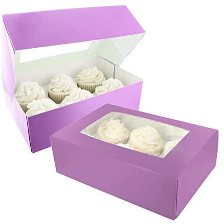 Baked with Love 6/12 Cupcake Box, Twin Pack, Purple Cupcake Boxes to Carry Tasty Treats, Includes Dual Insert for 6 Standard Cupcakes or 12 Mini Cupcakes, Pack of 2