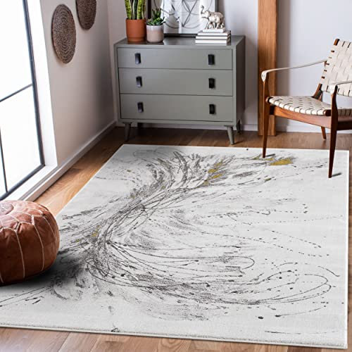 payé Teppich Läufer fürs Flur - 80x300cm - Grau Gold - Abstraktes Design - Vintage Design - Ethno Look - Meliert Wohnteppich Schlafzimmer