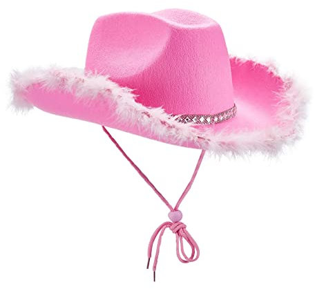 HodJIU Cappello da cowgirl da donna con bordo in piume, cappello da cowboy, per feste in costume di Halloween, accessorio per travestimenti (as8, taglia unica, rosa, taglia unica)