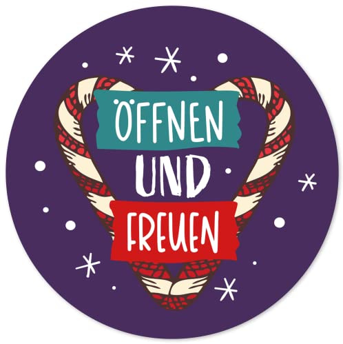 48 Geschenkaufkleber Weihnachten - ÖFFNEN UND FREUEN Zuckerstange - Weihnachtsaufkleber Aufkleber für Geschenke Etiketten rund 4cm