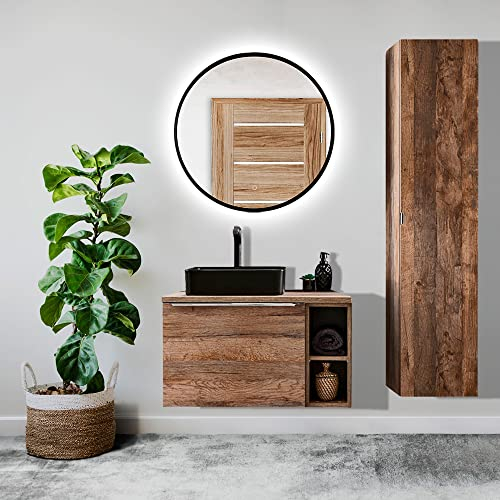 Lomadox Badmöbel Set, Vintage Oak Eiche, 80cm Waschtischunterschrank mit Keramik-Waschbecken, Regal, LED-Spiegel mit Touchfunktion, Hochschrank