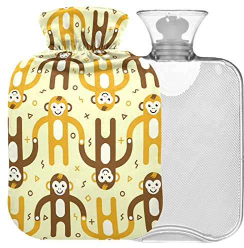 Naanle Cartoon Affen Wärmflasche mit Bezug Transparente Warmwasserflasche 1L Wärmflasche für Bett Handfüße Wärmer Schmerzlinderung Wärme und Kältetherapie